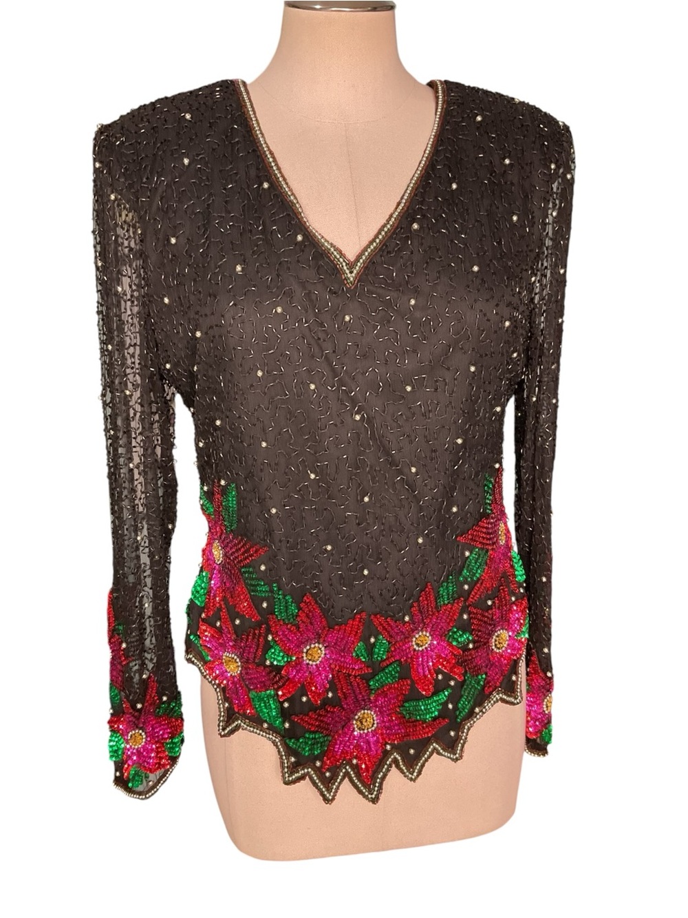 Vintage Laurence Kazar Silk Beaded Sequin Floral Top Large Black Holiday Party - Picture 2 of 6